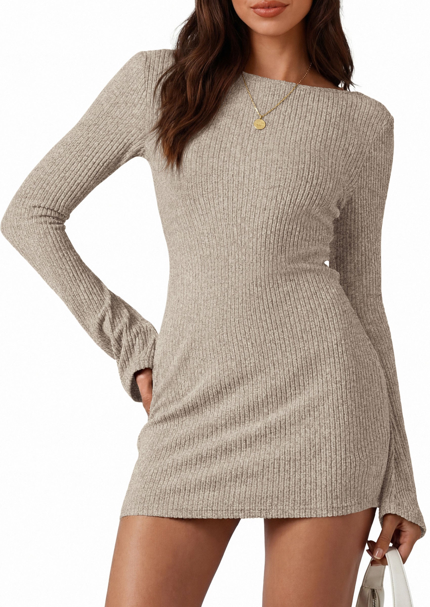 PRETTYGARDEN Womens Fall Bell Long Sleeve Mini Dress 2026 Casual Boat Neck Ribbed Bodycon Short Party Cocktail Dresses