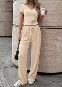 PRETTYGARDEN 2 Piece Sets for Women Summer 2026 Spring Lounge Set Matching V Neck Tops Wide Leg Pants Airport Travel Outfits PRETTYGARDEN