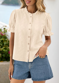 PRETTYGARDEN Womens Puff Short Sleeve Tops 2026 Summer Spring Button Down Boho Embroidered Cute Blouse Dressy Casual Shirts PRETTYGARDEN