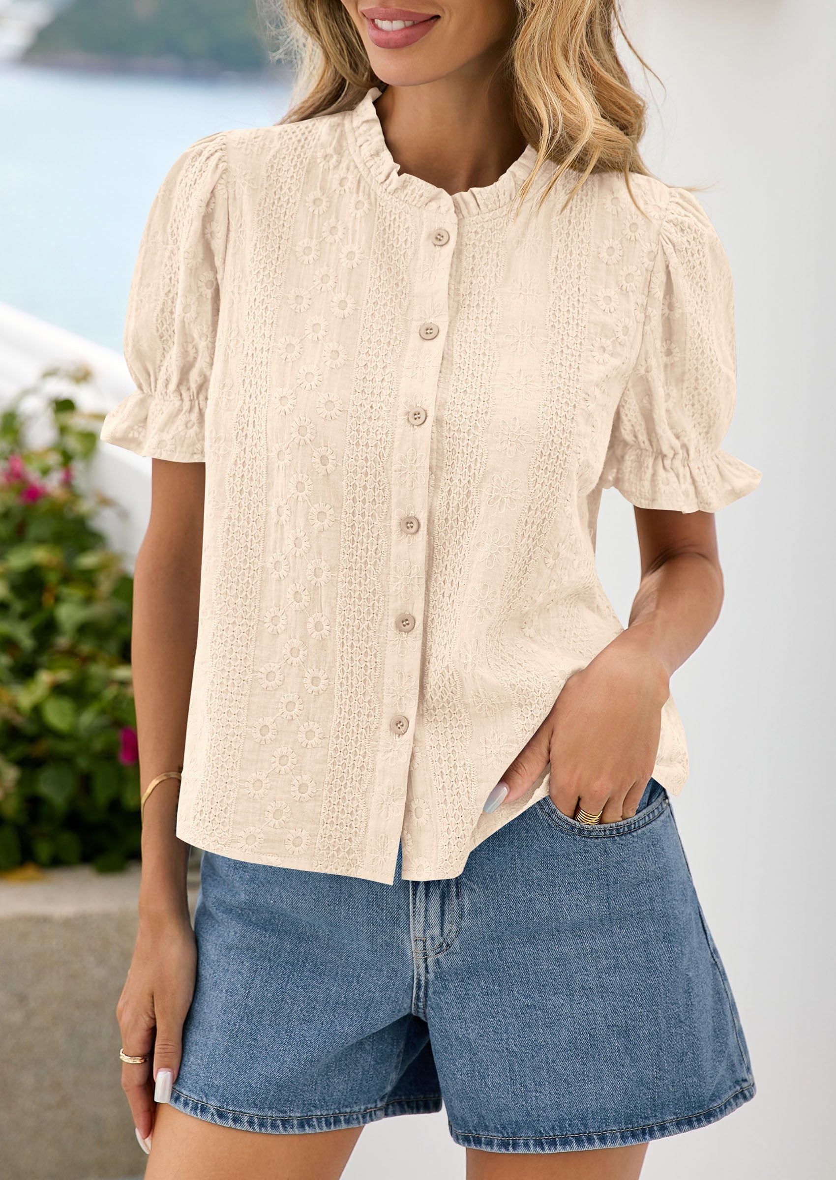 PRETTYGARDEN Womens Puff Short Sleeve Tops 2026 Summer Spring Button Down Boho Embroidered Cute Blouse Dressy Casual Shirts PRETTYGARDEN
