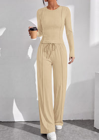 PRETTYGARDEN Womens 2 Piece Sets Long Sleeve Outfits  Soft Ribbed Knit, Loose Wide Leg Fit, Crop Top Drawstring High Waist Pants Set, Casual Lounge Travel, Matching Fall Clothes