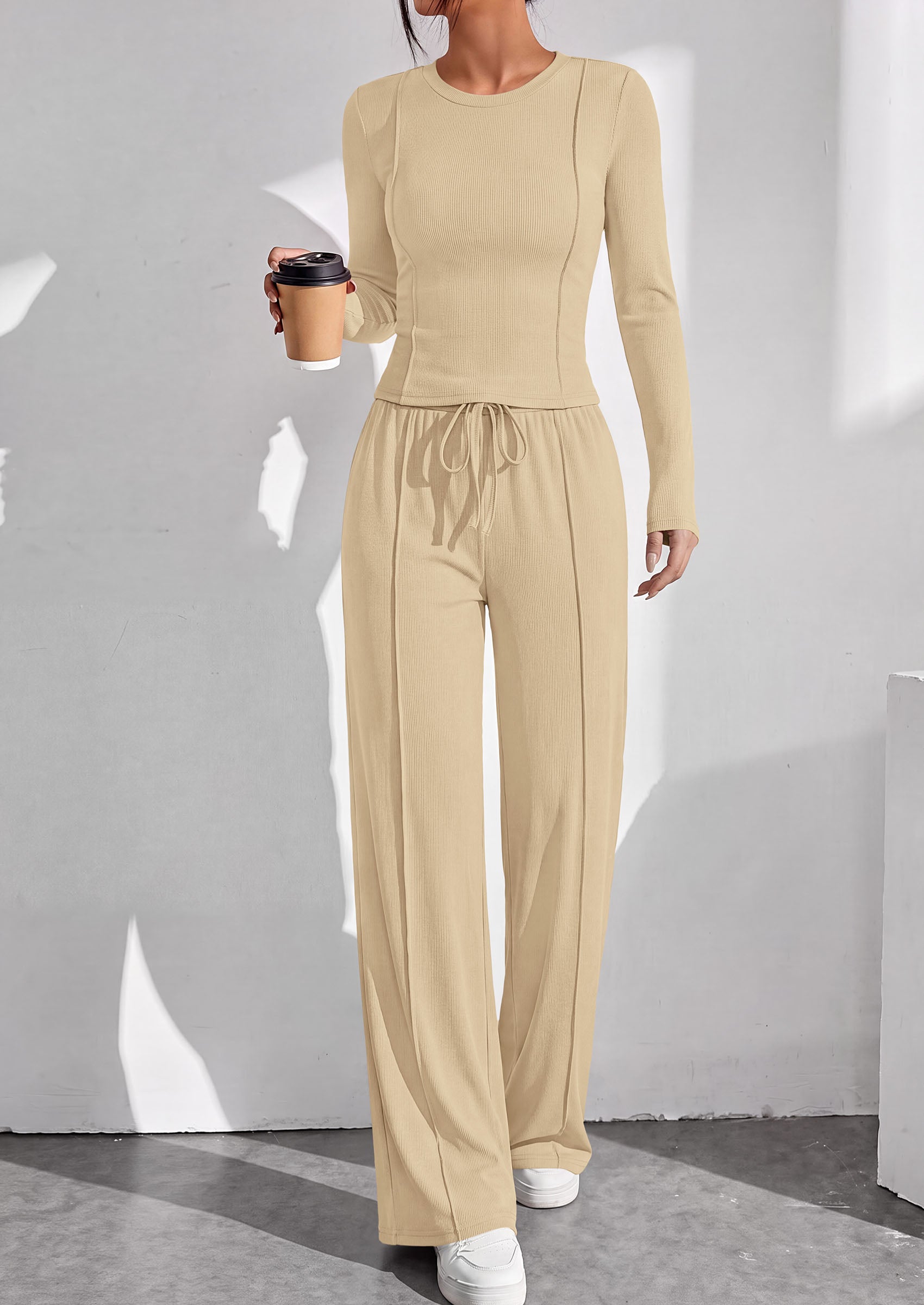 PRETTYGARDEN Womens 2 Piece Sets Long Sleeve Outfits  Soft Ribbed Knit, Loose Wide Leg Fit, Crop Top Drawstring High Waist Pants Set, Casual Lounge Travel, Matching Fall Clothes