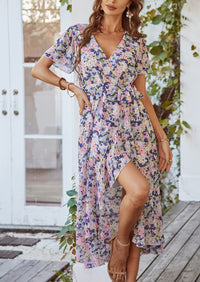 PRETTYGARDEN Women Summer Floral Boho V Neck Ruffle Wedding Guest Maxi Dresses