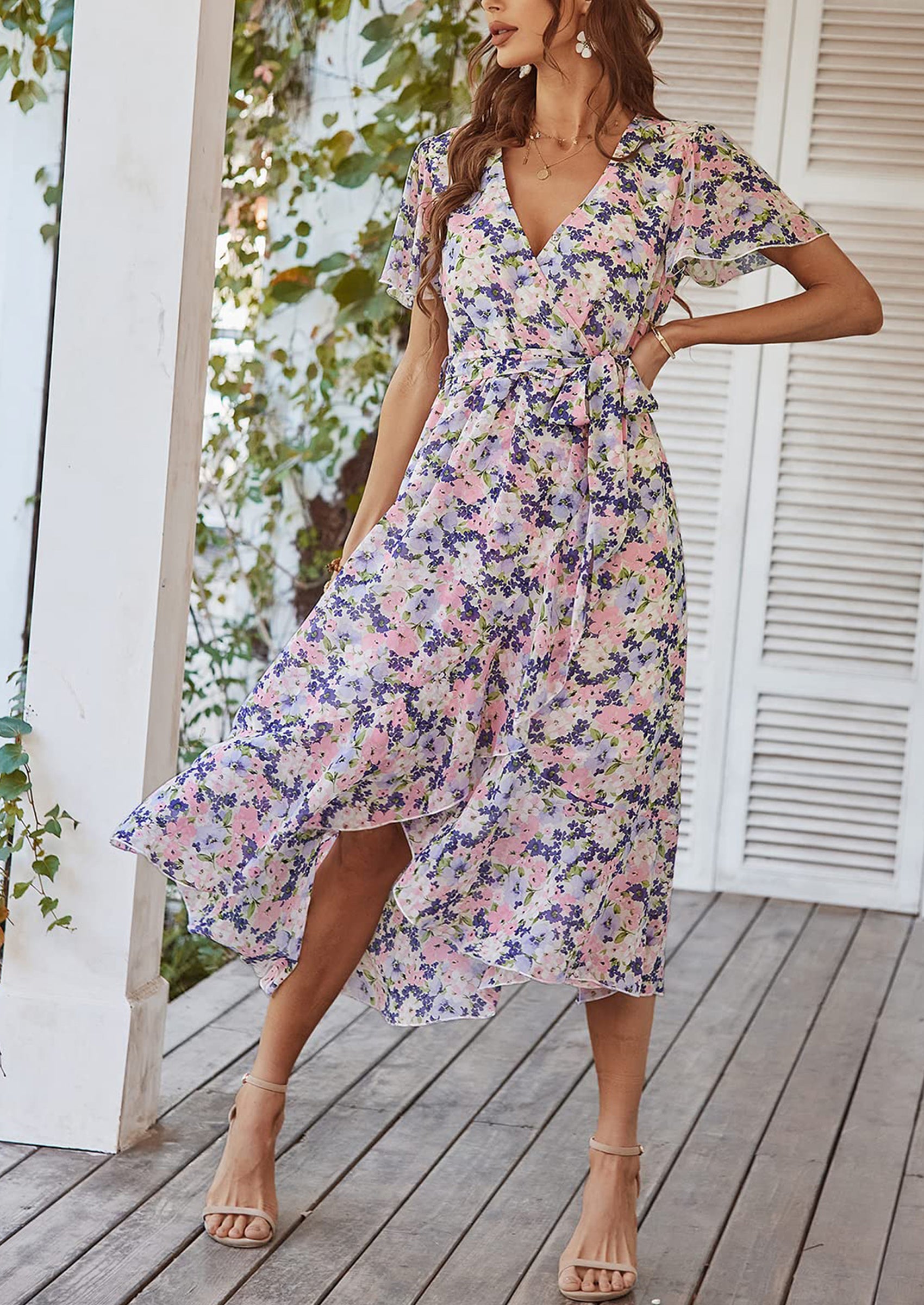 PRETTYGARDEN Women Summer Floral Boho V Neck Ruffle Wedding Guest Maxi Dresses