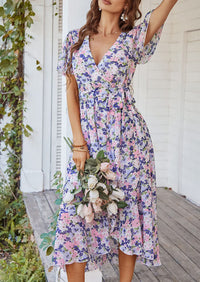 PRETTYGARDEN Women Summer Floral Boho V Neck Ruffle Wedding Guest Maxi Dresses