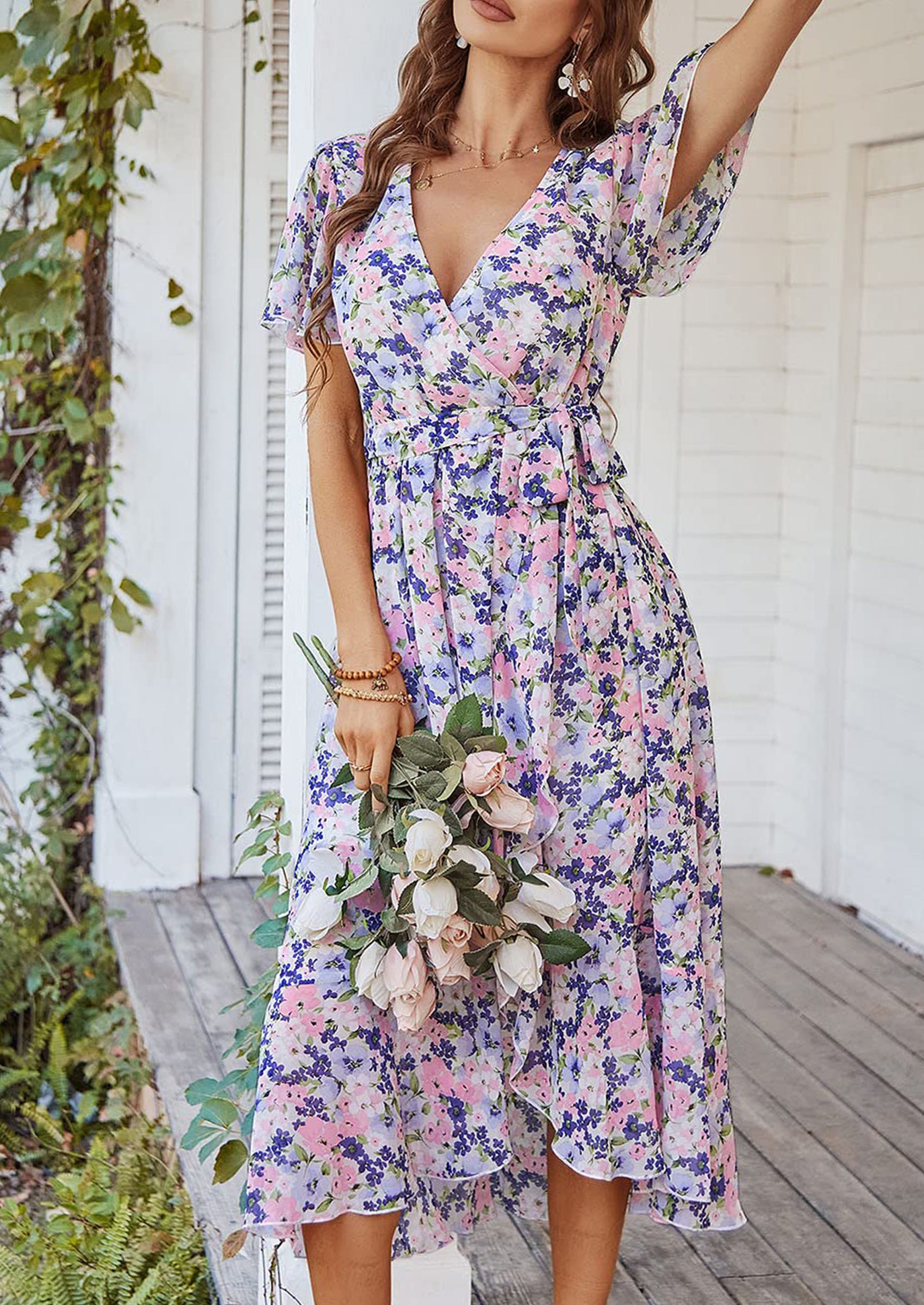 PRETTYGARDEN Women Summer Floral Boho V Neck Ruffle Wedding Guest Maxi Dresses