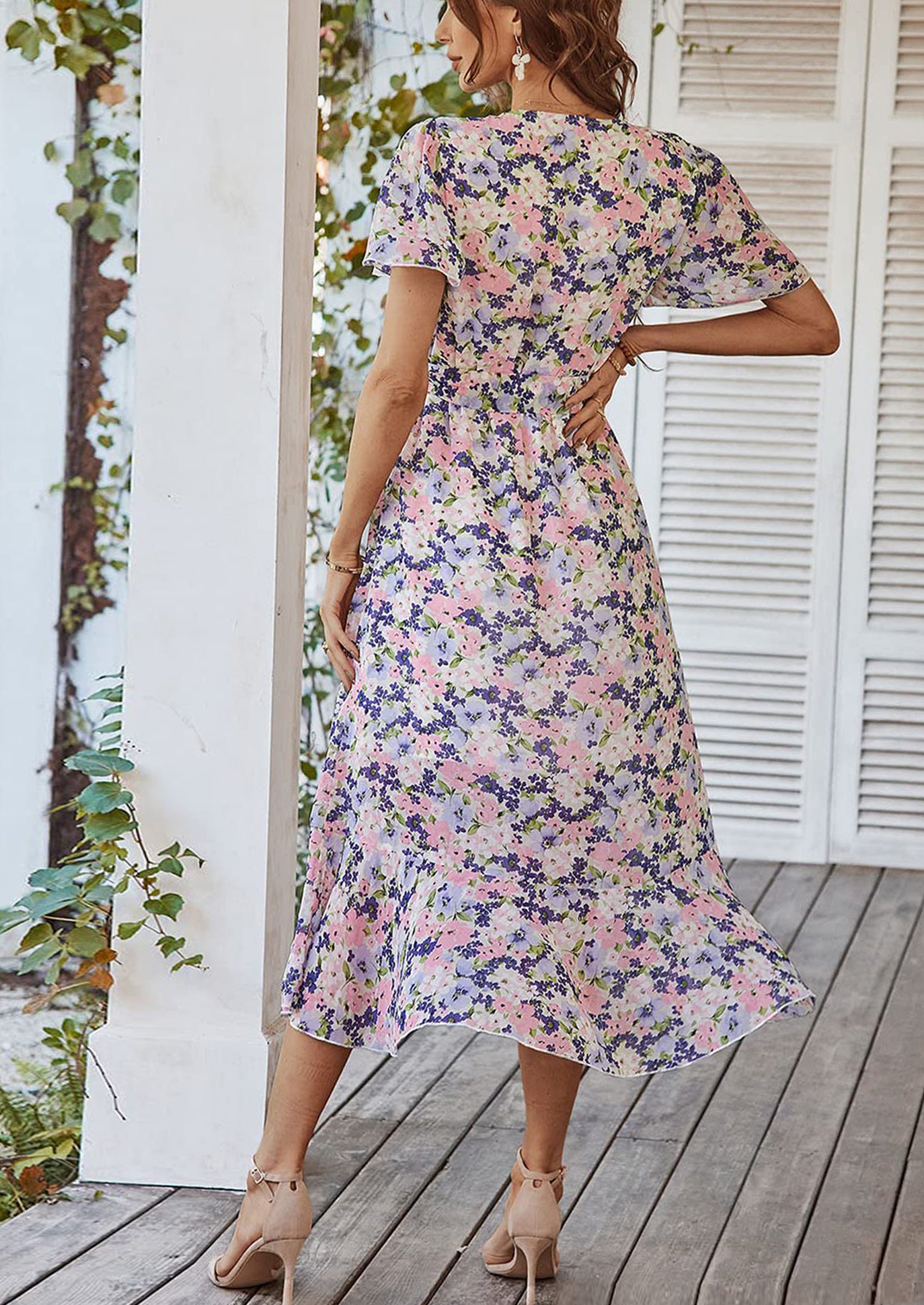 PRETTYGARDEN Women Summer Floral Boho V Neck Ruffle Wedding Guest Maxi Dresses