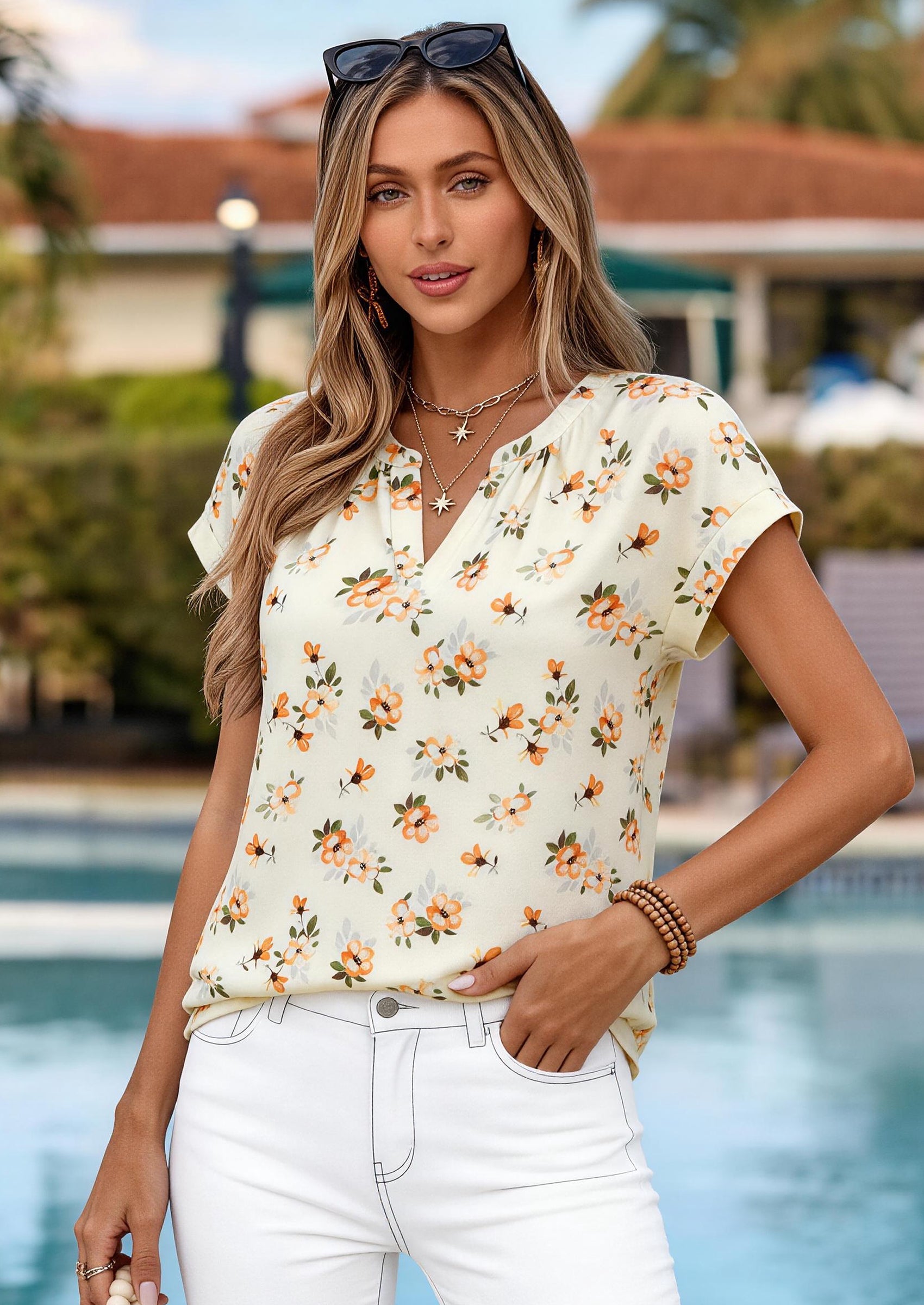 PRETTYGARDEN Womens Summer Tops 2026 V Neck Short Sleeve Pleated Back Elegant Floral T Shirts for Women Vacation Outfits (Apricot Yellow Floral, Large) PRETTYGARDEN