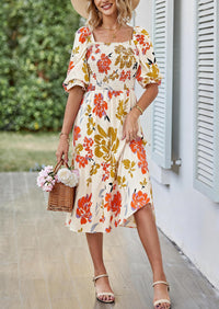 PRETTYGARDEN Women's Summer Casual Dresses Spring Puff Sleeve Square Neck A Line Flowy Boho Floral Smocked Midi Dress
