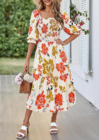 PRETTYGARDEN Women's Summer Casual Dresses Spring Puff Sleeve Square Neck A Line Flowy Boho Floral Smocked Midi Dress