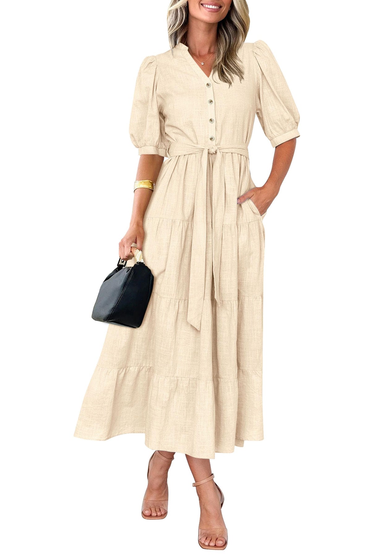 Women's Summer Midi Dress 2025 Casual Short Sleeve V Neck Buttons Belted Ruffle A Line Flowy Dress with Pockets