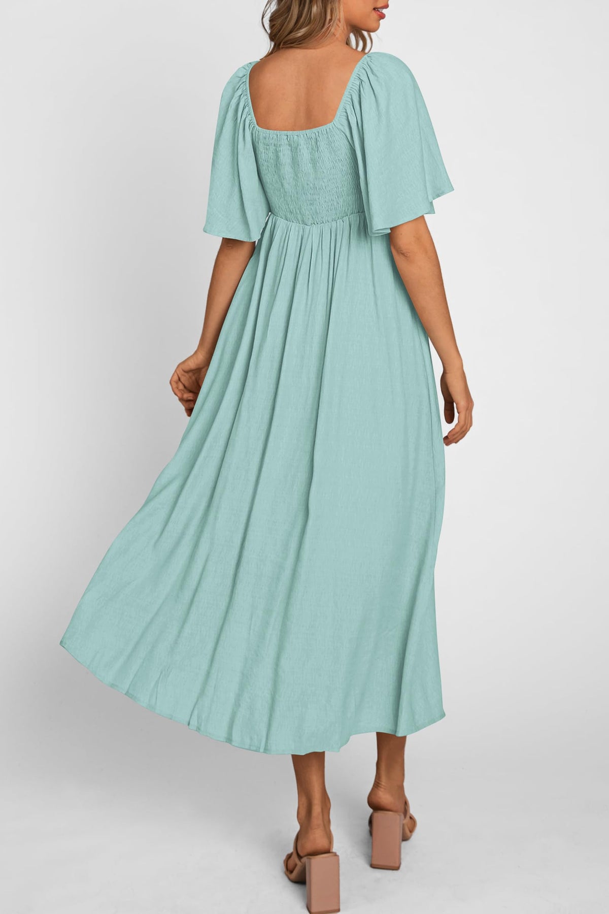 Casual Short Sleeve Bow Tie V Neck Ruffle Flowy Midi Dresses