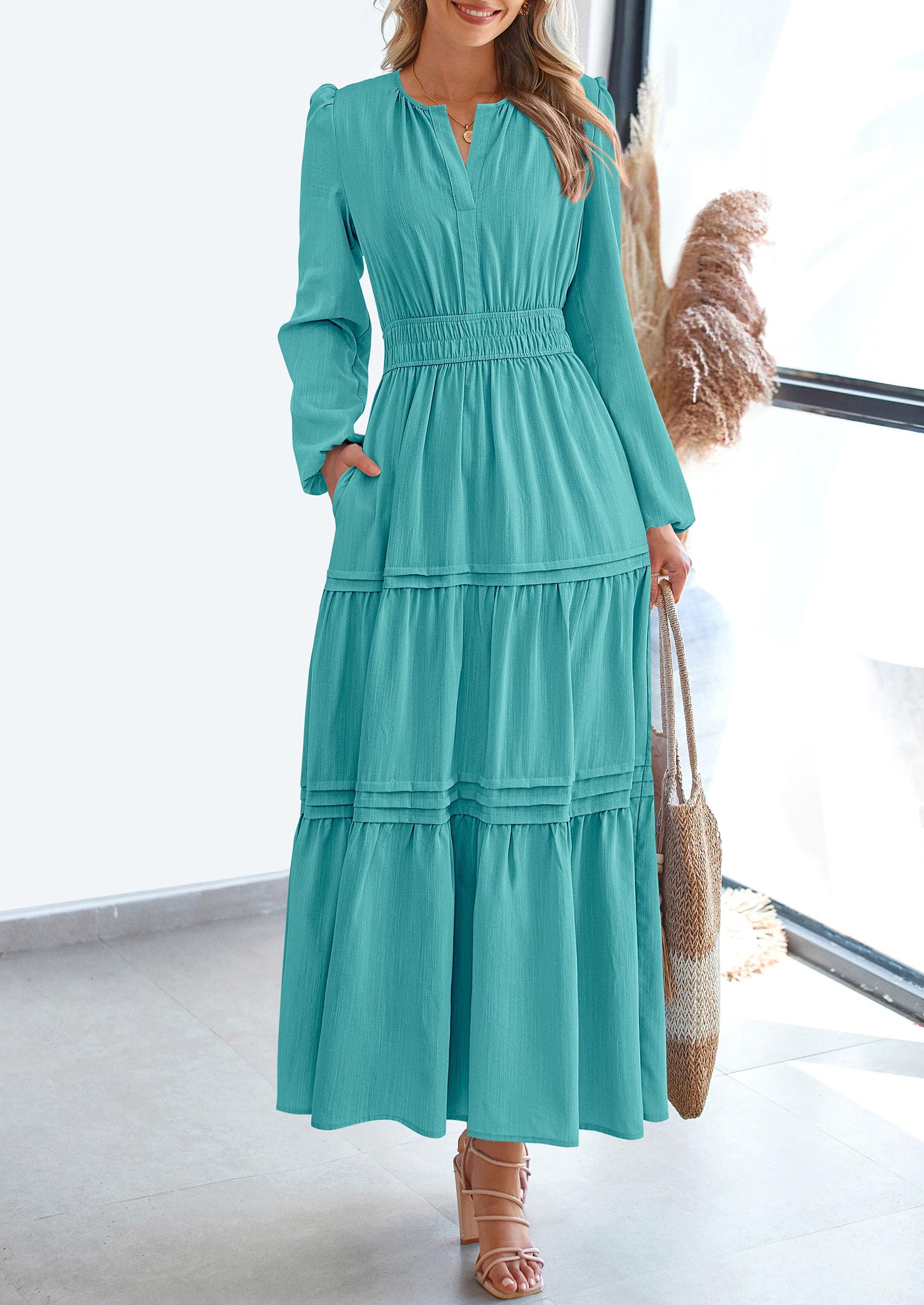 PRETTYGARDEN Women's Elegant Maxi Dresses Long Sleeve V Neck Flowy Pockets Casual Modest Dress Fall Fashion Clothes