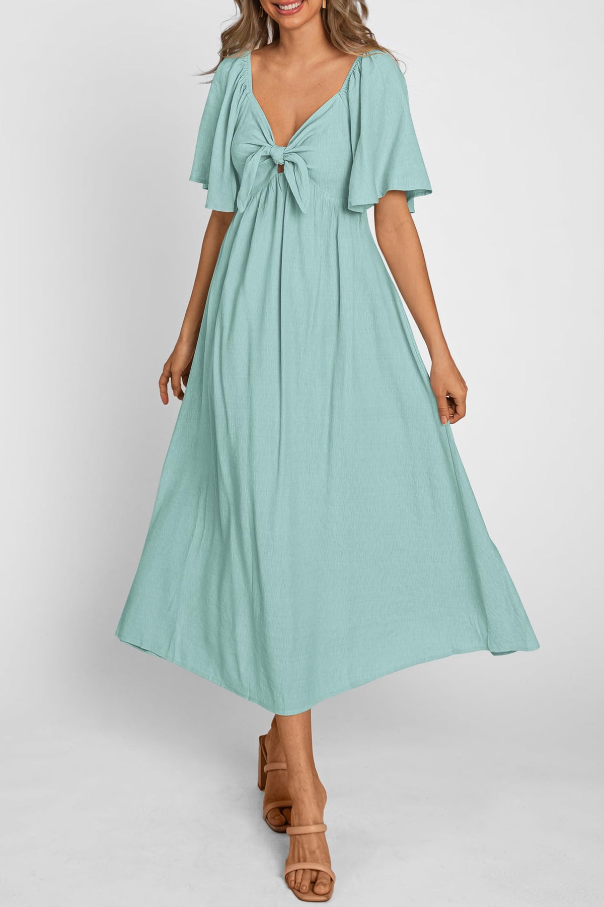 Casual Short Sleeve Bow Tie V Neck Ruffle Flowy Midi Dresses