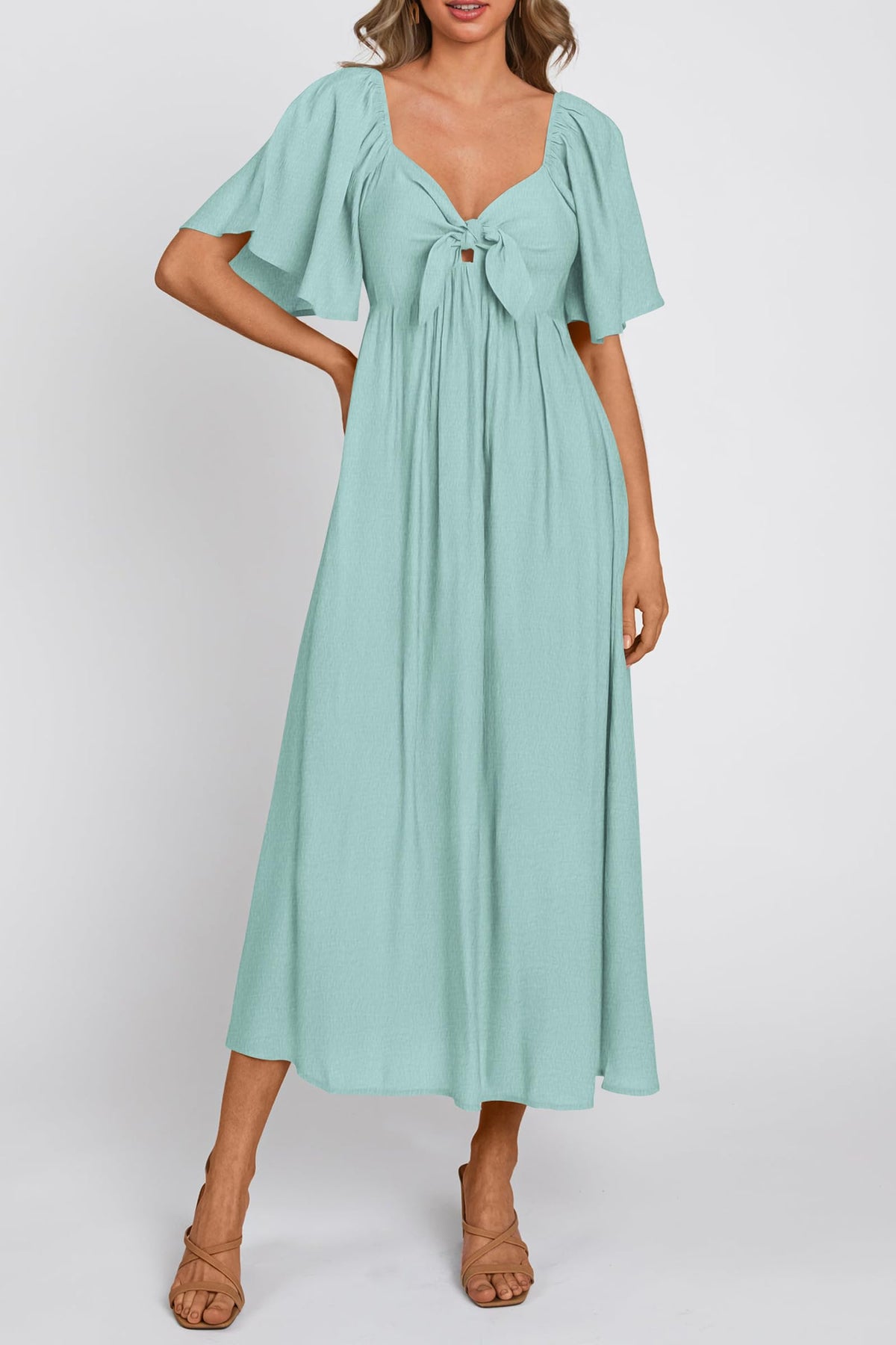 Casual Short Sleeve Bow Tie V Neck Ruffle Midi Flowy Dresses