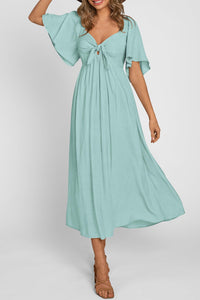 Casual Short Sleeve Bow Tie V Neck Ruffle Flowy Midi Dresses