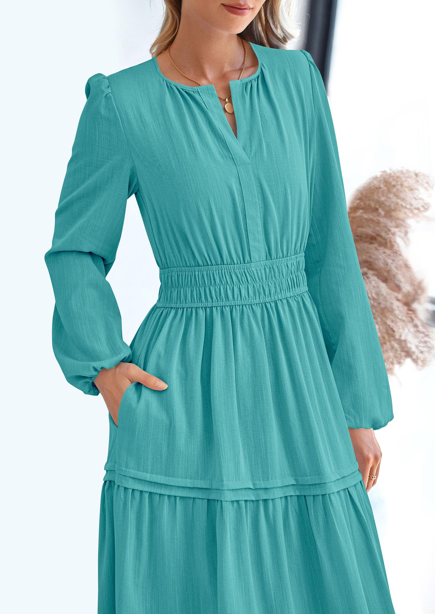 PRETTYGARDEN Women's Elegant Maxi Dresses Long Sleeve V Neck Flowy Pockets Casual Modest Dress Fall Fashion Clothes