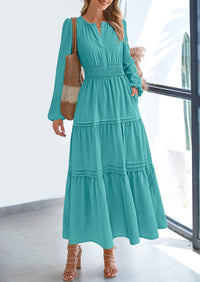 PRETTYGARDEN Women's Elegant Maxi Dresses Long Sleeve V Neck Flowy Pockets Casual Modest Dress Fall Fashion Clothes