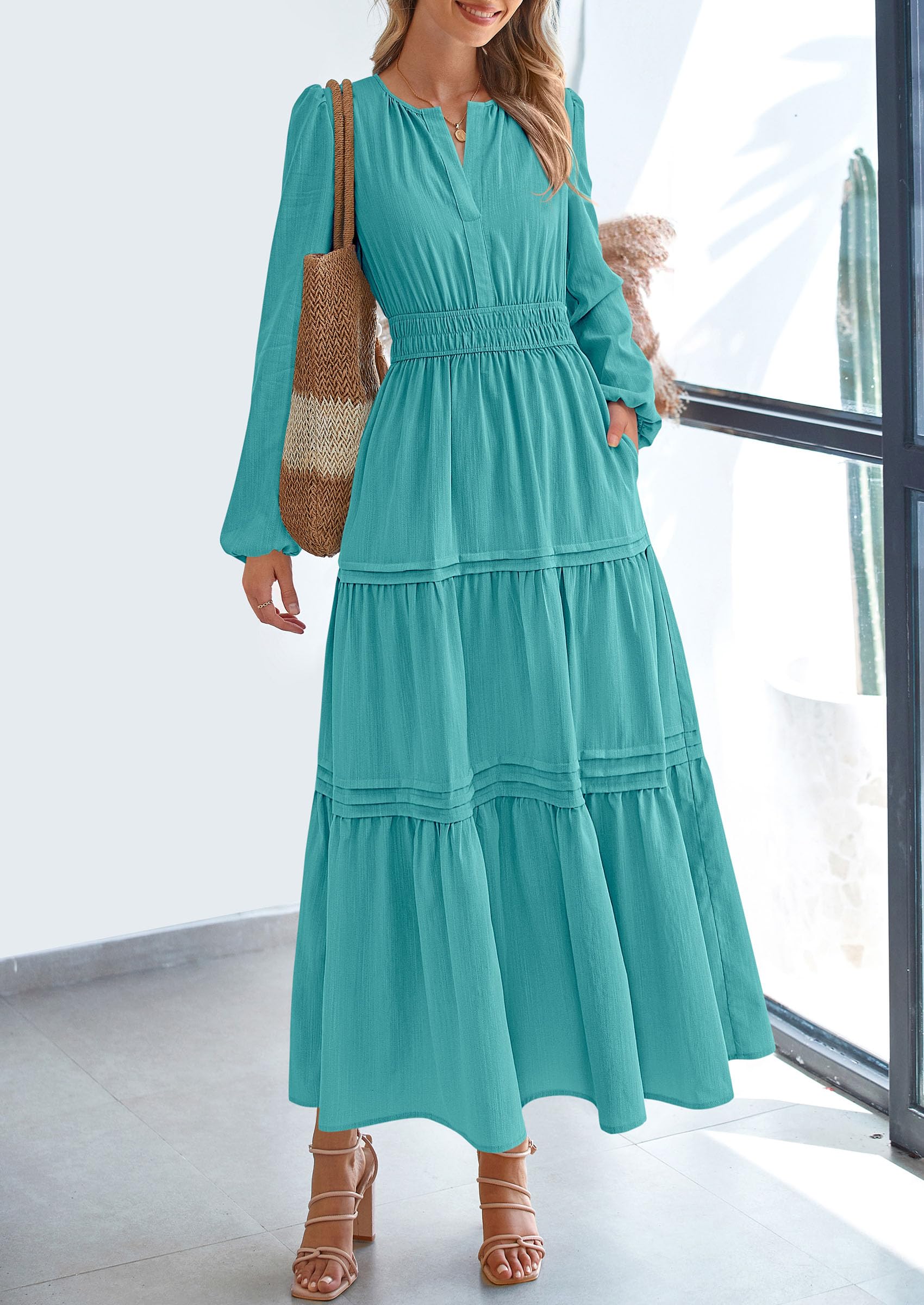 PRETTYGARDEN Women's Elegant Maxi Dresses Long Sleeve V Neck Flowy Pockets Casual Modest Dress Fall Fashion Clothes