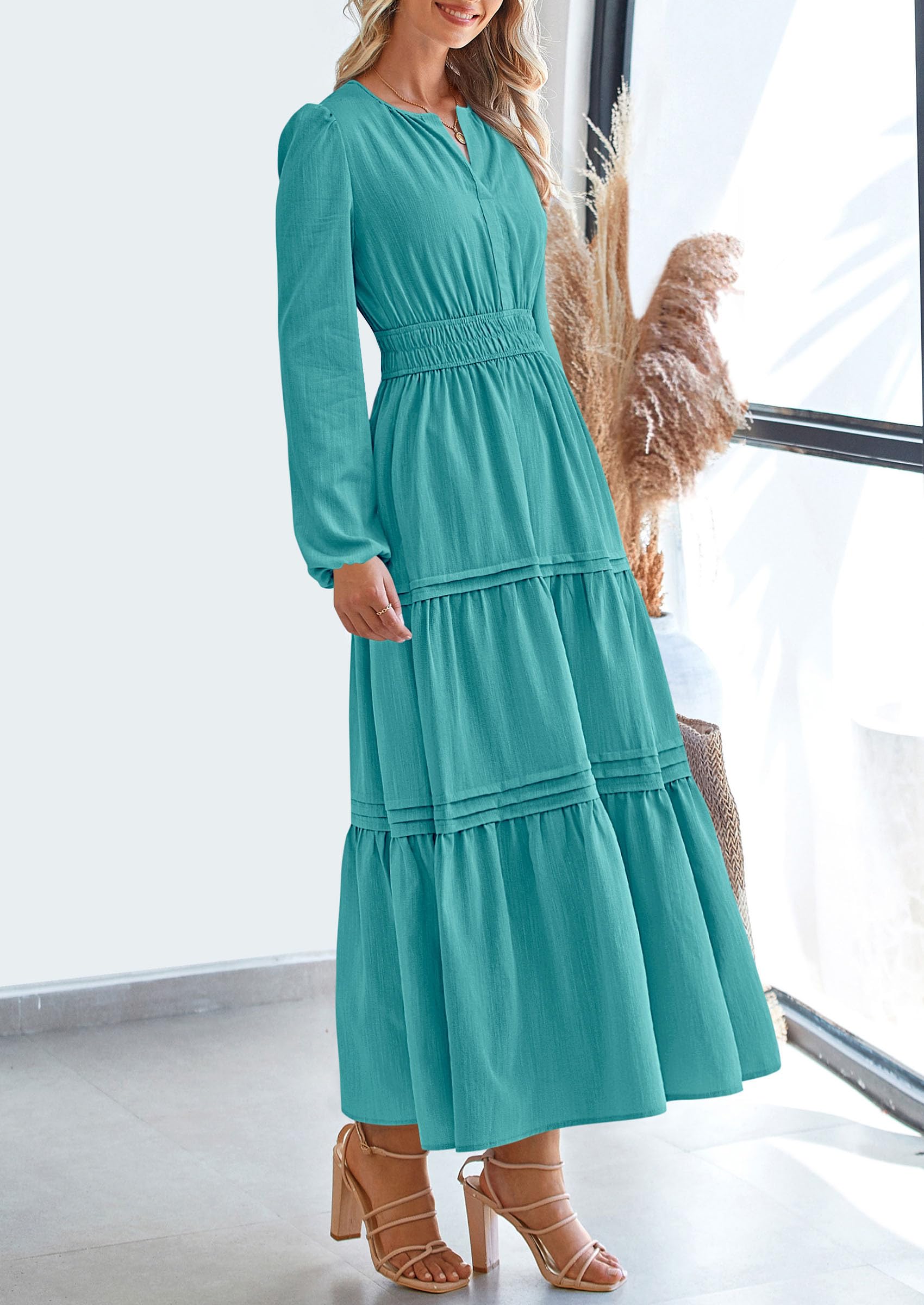 PRETTYGARDEN Women's Elegant Maxi Dresses Long Sleeve V Neck Flowy Pockets Casual Modest Dress Fall Fashion Clothes