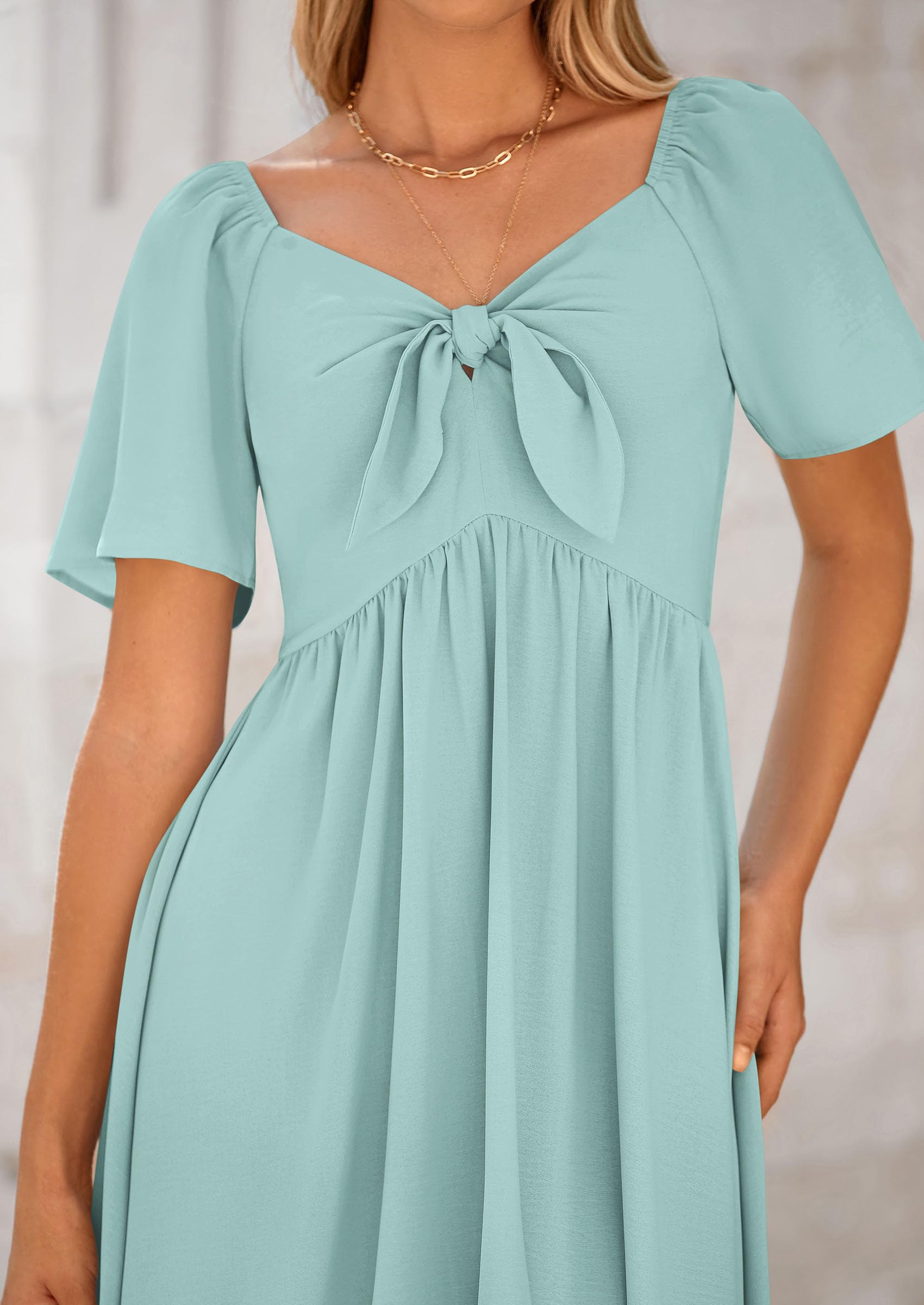 PRETTYGARDEN Summer Dress for Women Casual Short Sleeve Bow Tie V Neck Ruffle Midi Flowy Dresses