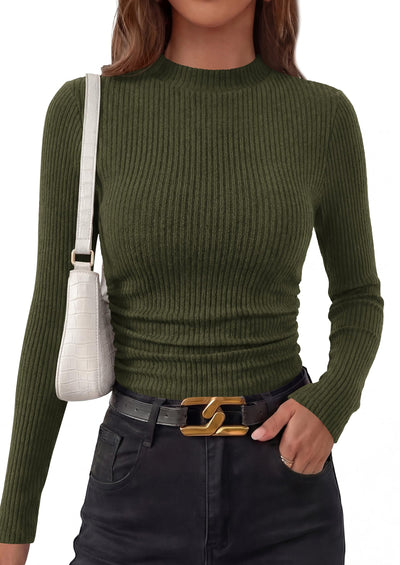 PRETTYGARDEN Womens Tops Fall Long Sleeve Going Out Shirts Ribbed Knit Mock Neck T-Shirt Fitted Ruched Y2K Crop Top