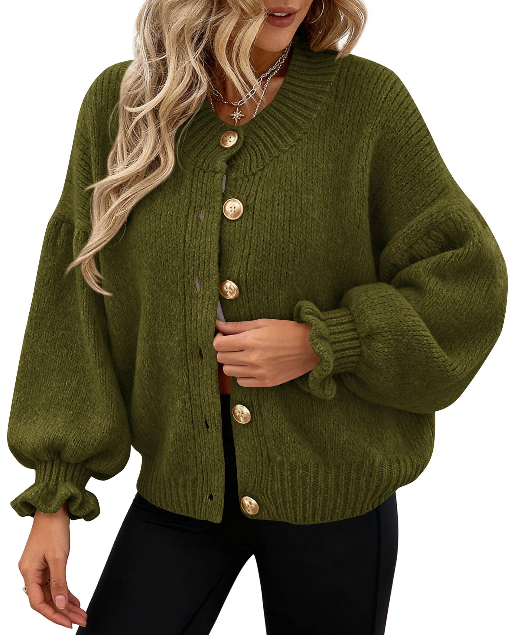 PRETTYGARDEN Womens Cropped Cardigans Trendy PRETTYGARDEN Long Sleeve Cropped Sweaters for Women Ruffle Oversized CardiganRuffle Open Front Chunky Knit Sweater Oversized Button Down Fall Clothes PRETTYGARDEN