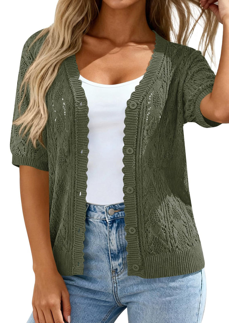 PRETTYGARDEN Short Sleeve Crochet Knit Summer Cardigans for Women Lightweight Button Down Hollow Out Sweater Beach Cover Up PRETTYGARDEN