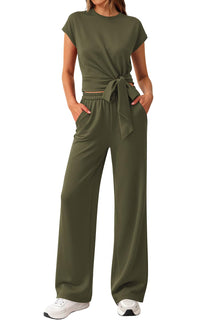 PRETTYGARDEN 2 Piece Matching Lounge Sets For Women Summer Short Sleeve Tie Front Crop Tops Casual Wide Leg Pants Tracksuit PRETTYGARDEN