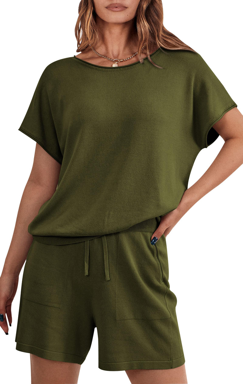 PRETTYGARDEN Two Piece Set for Women Summer Lounge Sets Shorts And Short Sleeve Tops Knitted Matching Travel Spring Outfits PRETTYGARDEN