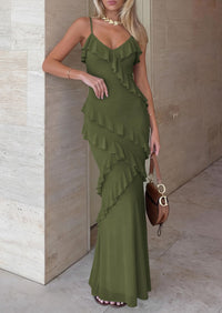 PRETTYGARDEN Women Wedding Guest Cocktail Maxi Dress Spaghetti Strap Sleeveless V Neck Bodycon Mesh Party Summer Outfits