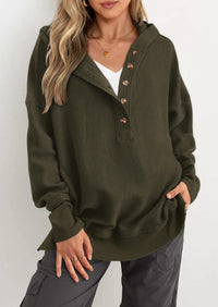 PRETTYGARDEN Womens Fashion Oversized Long Sleeve Hoodie Button Down V Neck Sweatshirt Side Slit Casual Pullover Tops