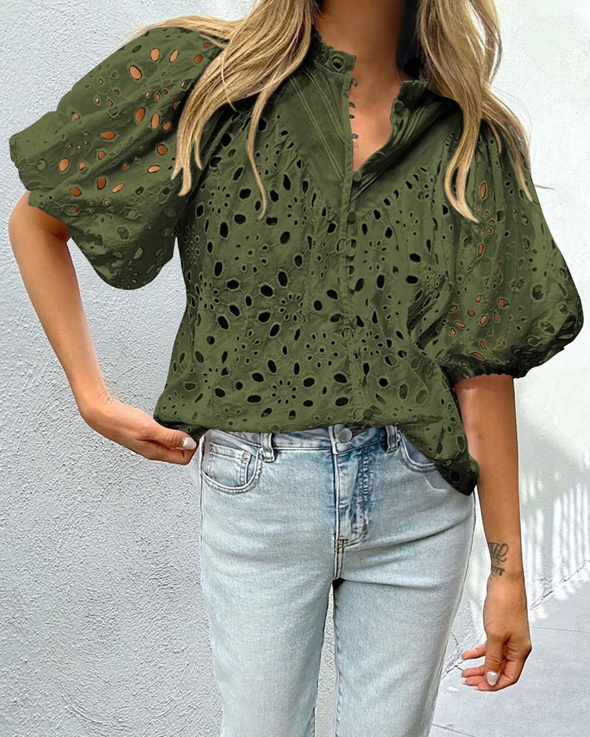 Casual Short Lantern Sleeve V Neck Buttons Hollow Out Lace Embroidered Blouses