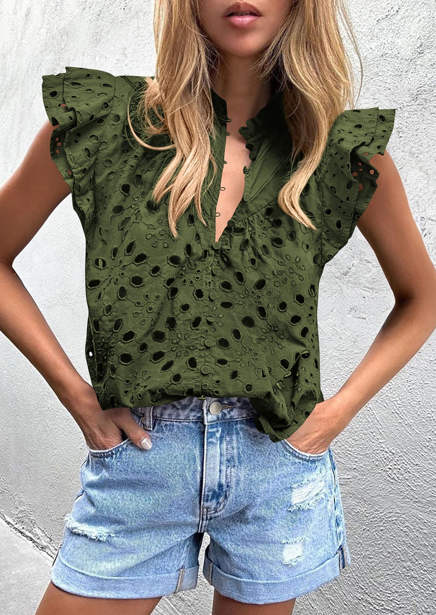 PRETTYGARDEN Womens Summer Tops 2025 Dressy Casual Ruffle Cap Sleeve Button V Neck Embroidered Eyelet Blouses Shirts