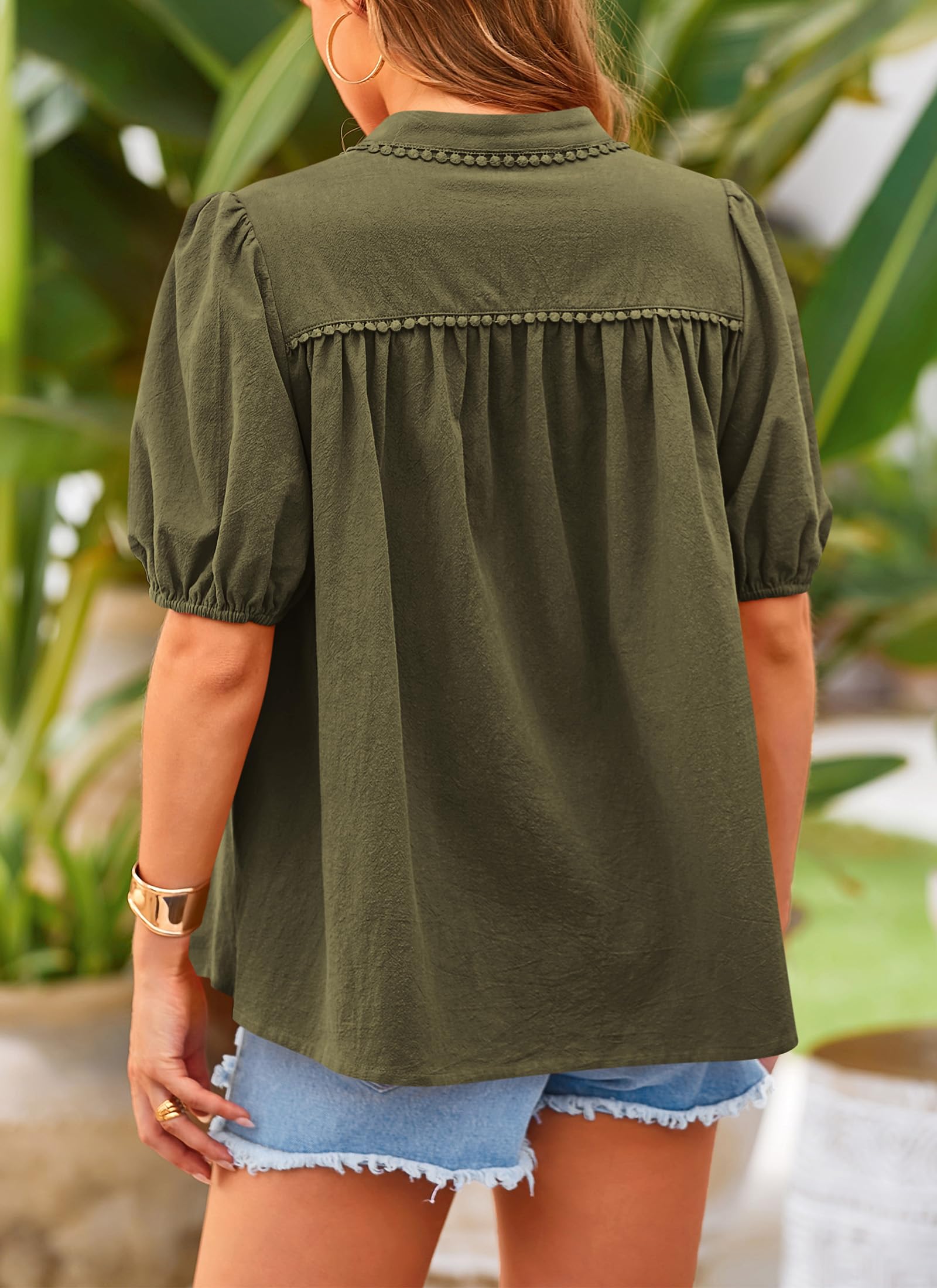 PRETTYGARDEN Women's Summer Tops Button Down Shirts Short Lantern Sleeve V Neck Cotton Cute Dressy Casual Blouses