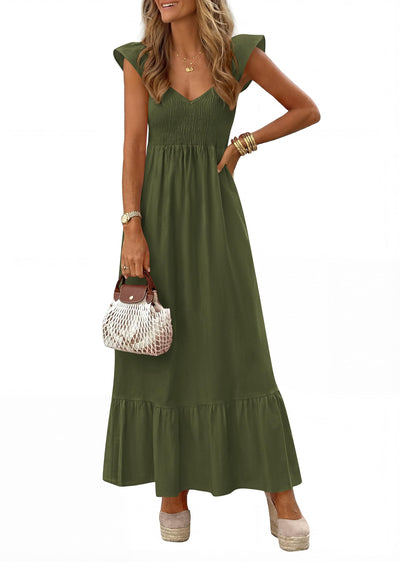 PRETTYGARDEN Women's Summer Casual Maxi Dresses Cap Sleeve V Neck Smocked Long Pockets Party Sundress Vacation Outfits PRETTYGARDEN
