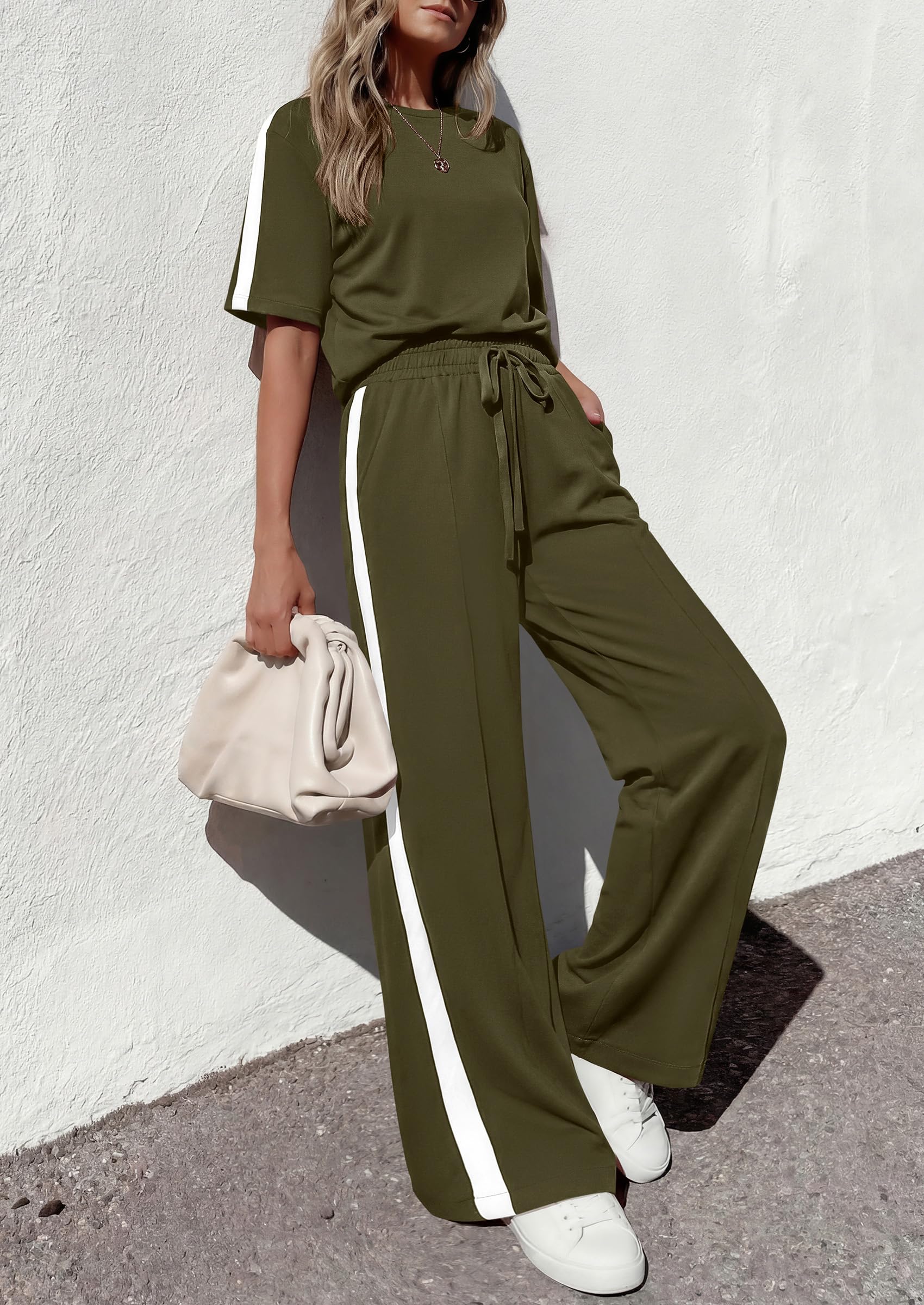 PRETTYGARDEN Women's 2 Piece Sets Summer Casual Short Sleeve Tops Wide Leg Pants Matching Lounge Set Vacation Travel Outfits PRETTYGARDEN