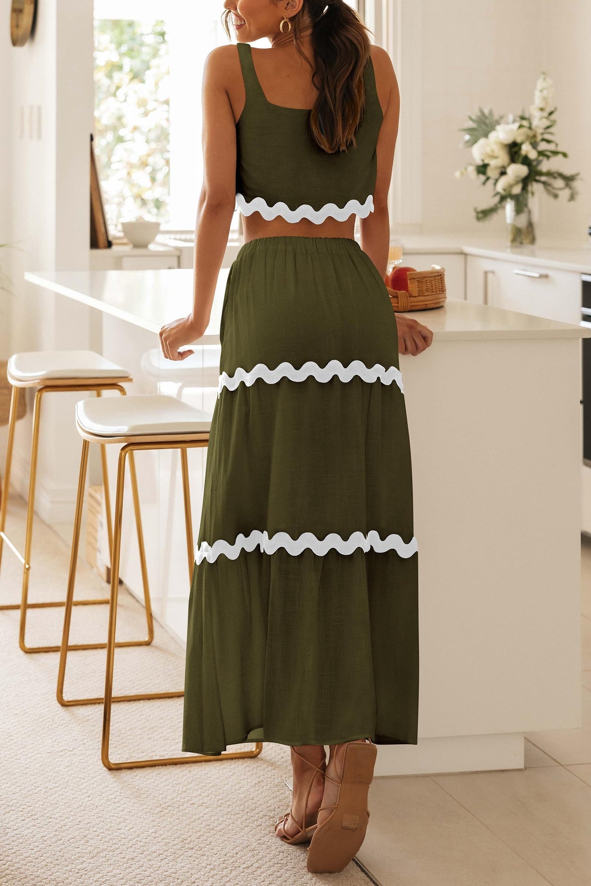 2 Piece Summer Casual Sleeveless Cropped Tank Top High Waisted Maxi Skirt Set