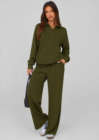 PRETTYGARDEN Women Fall 2 Piece Outfits Sweatsuits Quarter Button Long Sleeve Sweatshirt Wide Leg Pants Tracksuit Lounge Sets