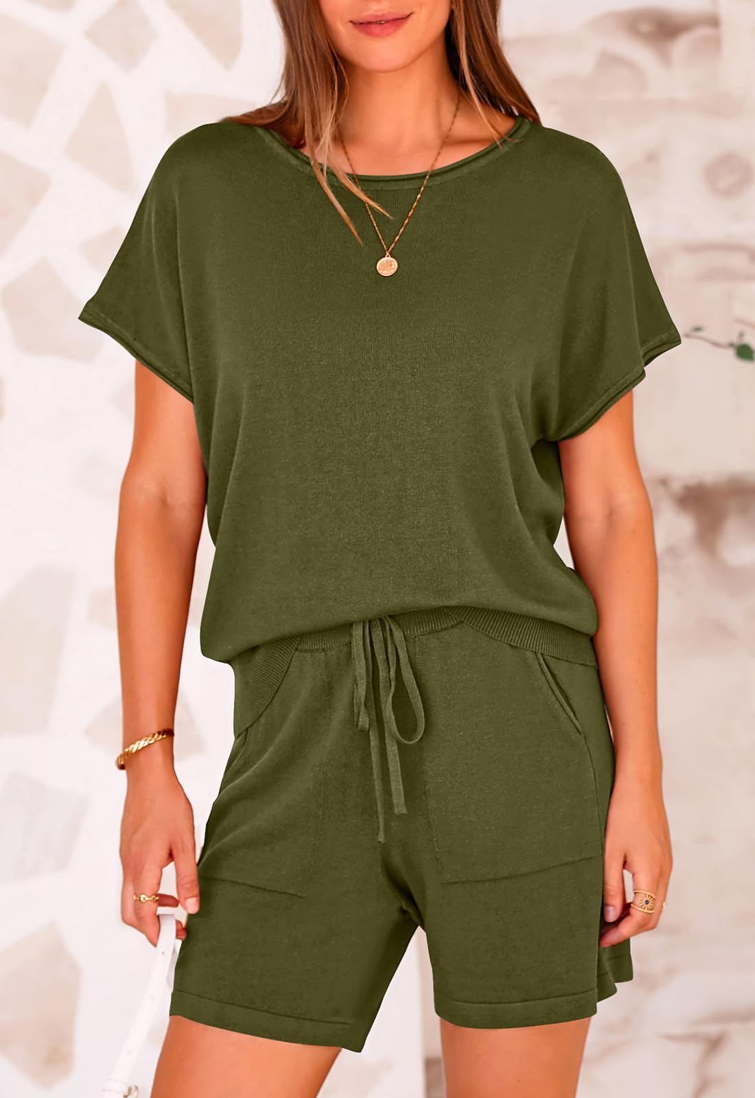 PRETTYGARDEN Two Piece Set for Women Summer Lounge Sets Shorts And Short Sleeve Tops Knitted Matching Travel Spring Outfits PRETTYGARDEN