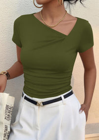 PRETTYGARDEN Women's Summer Asymmetrical Y2K Tops Trendy Ribbed Short Sleeve Fitted Tee Shirts Spring Fashion Clothing PRETTYGARDEN