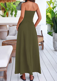 Women's 2025 Summer Strapless Maxi Dresses Patchwork Long Flowy Elegant Going Out Tube Top Dress with Pockets