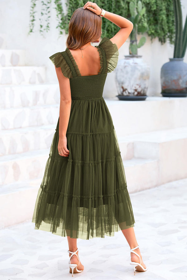 Summer Casual Sleeveless Smocked Ruffle Tulle Flowy Beach Sundress