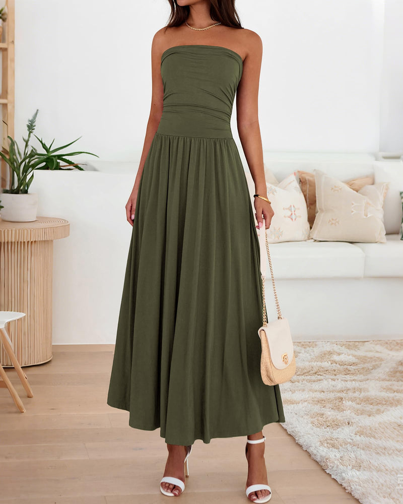 BTFBM Summer Maxi Dresses for Women Strapless Ruched Tube Top Beach Vacation Spring Wedding Guest Dress Pockets PRETTYGARDEN