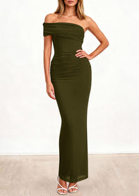 PRETTYGARDEN Women's Wedding Guest Cocktail Dresses One Off The Shoulder Ruched Bodycon Formal Maxi Party Summer Outfits PRETTYGARDEN