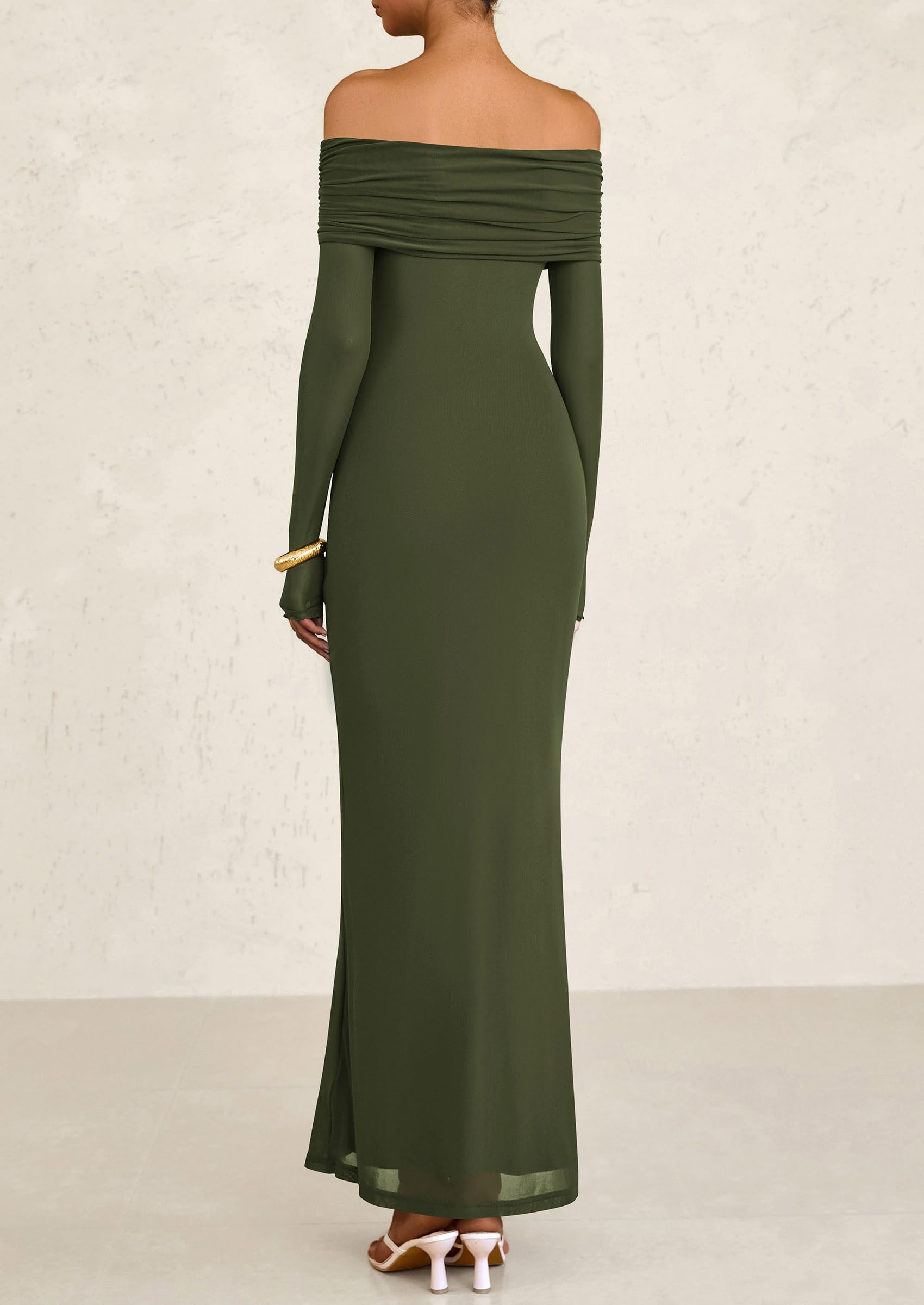 PRETTYGARDEN Off The Shoulder Dresses for Women Mesh Long Sleeve Baby Shower Formal Wedding Guest Dress