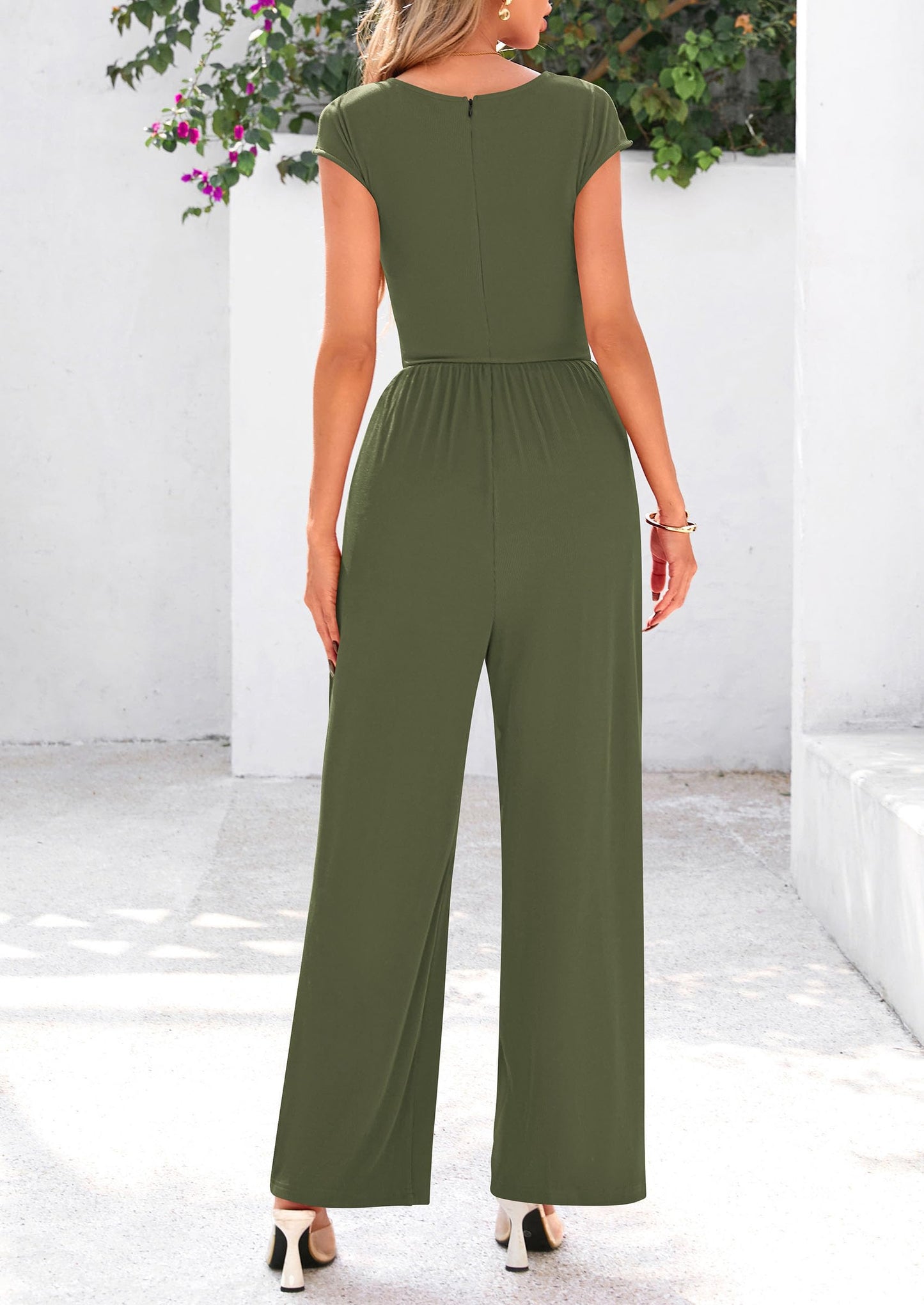 Summer Jumpsuits for Women Dressy Ribbed Cap Sleeve Wide Leg Pants Rompers Elegant Casual One Piece Outfits