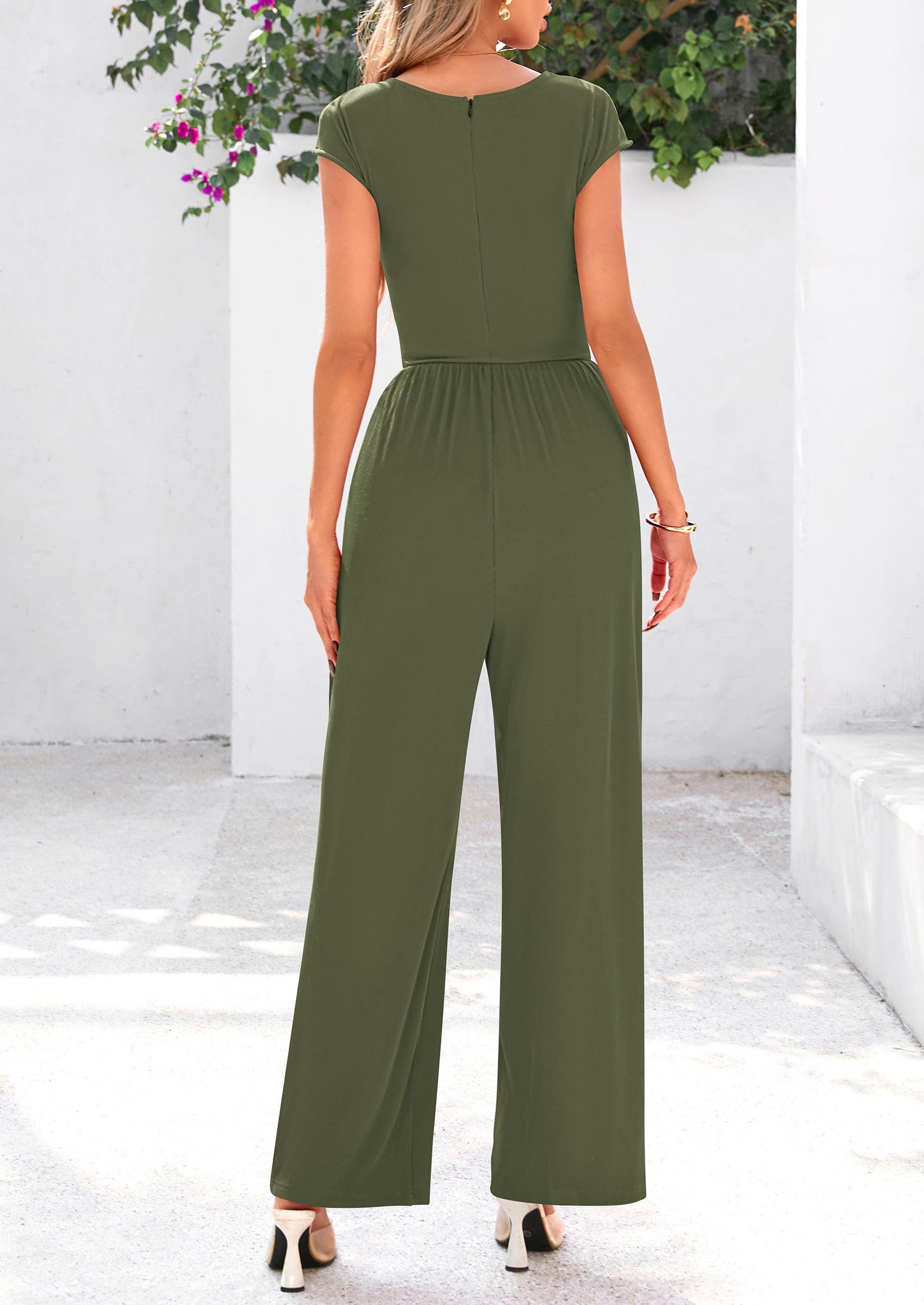 PRETTYGARDEN Summer Jumpsuits Ribbed Cap Sleeve Wide Leg Pants Women's Rompers Elegant Casual Trendy Vacation Outfits