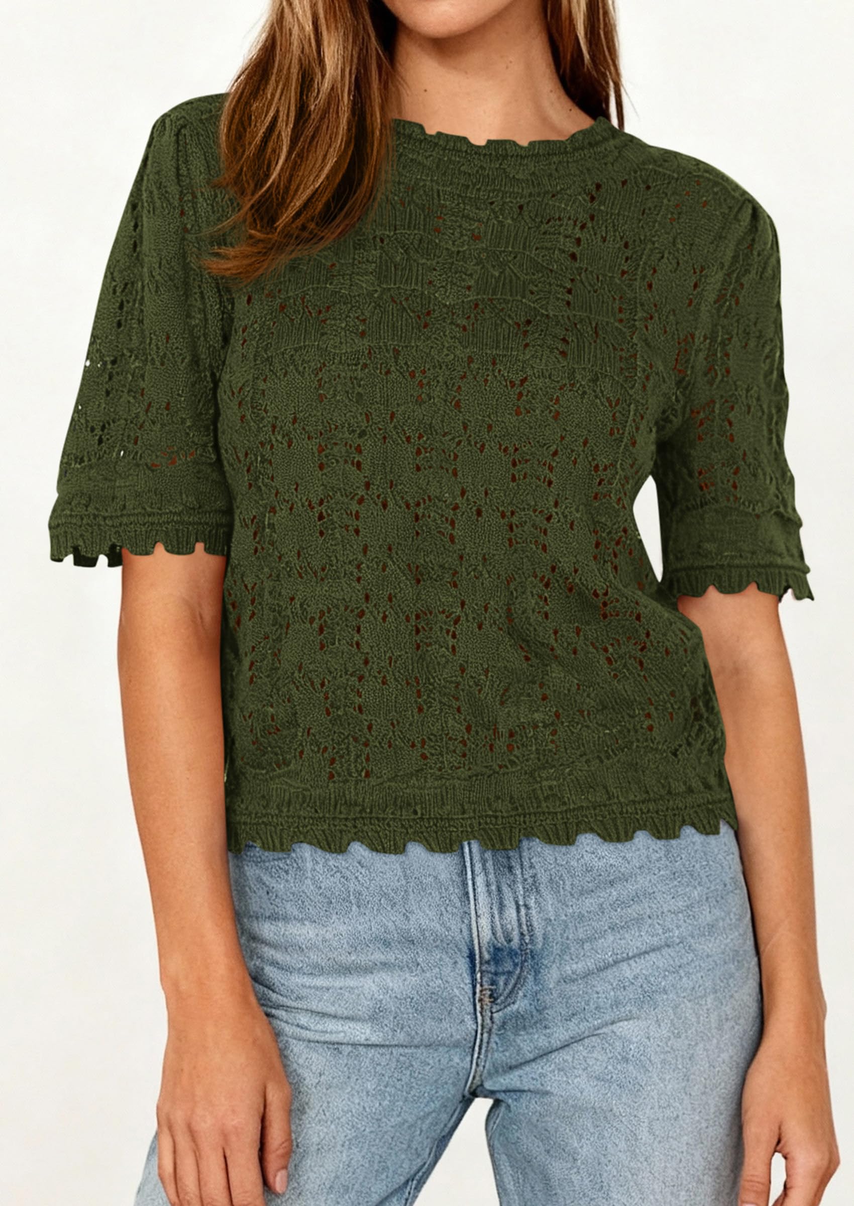 PRETTYGARDEN Women's Short Sleeve Sweater Trendy Crochet Summer Tops Casual Hollow Out Shirts Beach Vacation Clothes PRETTYGARDEN