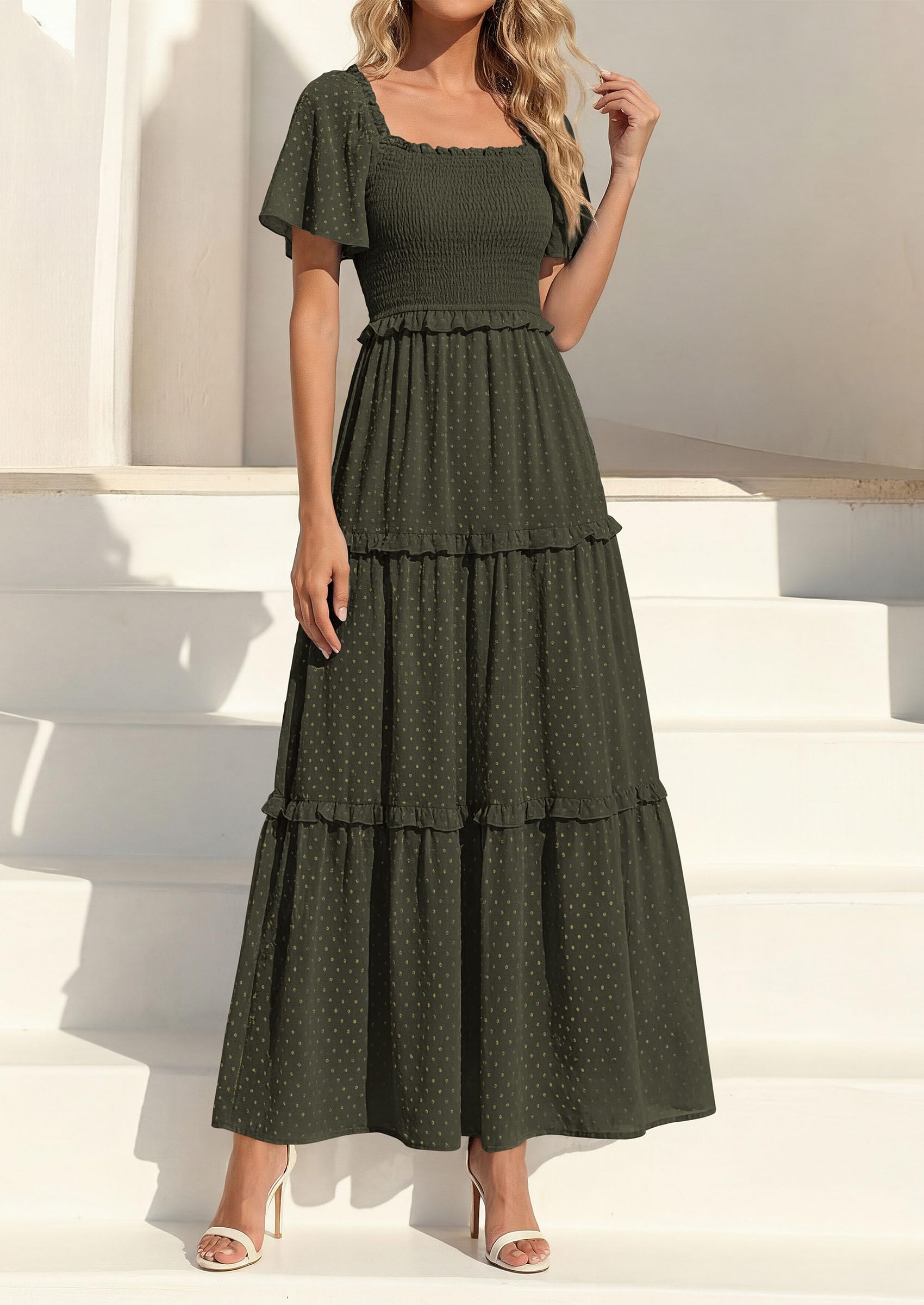 PRETTYGARDEN Summer Dresses for Women Boho Swiss Dot Smocked Square Neck Short Sleeve Spring Wedding Guest Maxi Dress PRETTYGARDEN